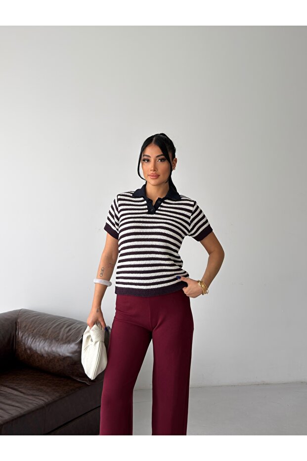 Cotton Striped Polo Collar Short Sleeve Knit Sweater
