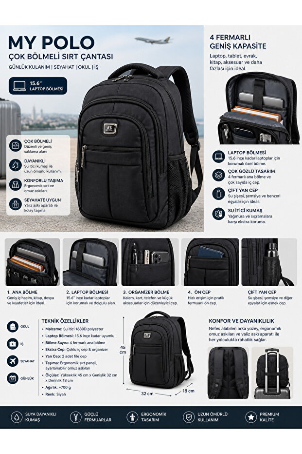 Black Backpack Suitable for School Travel and Daily Use Laptop Compartment Bag