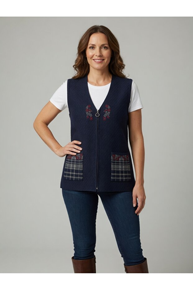 Plaid Patterned V-Neck Zippered Pocketed Knitwear Vest