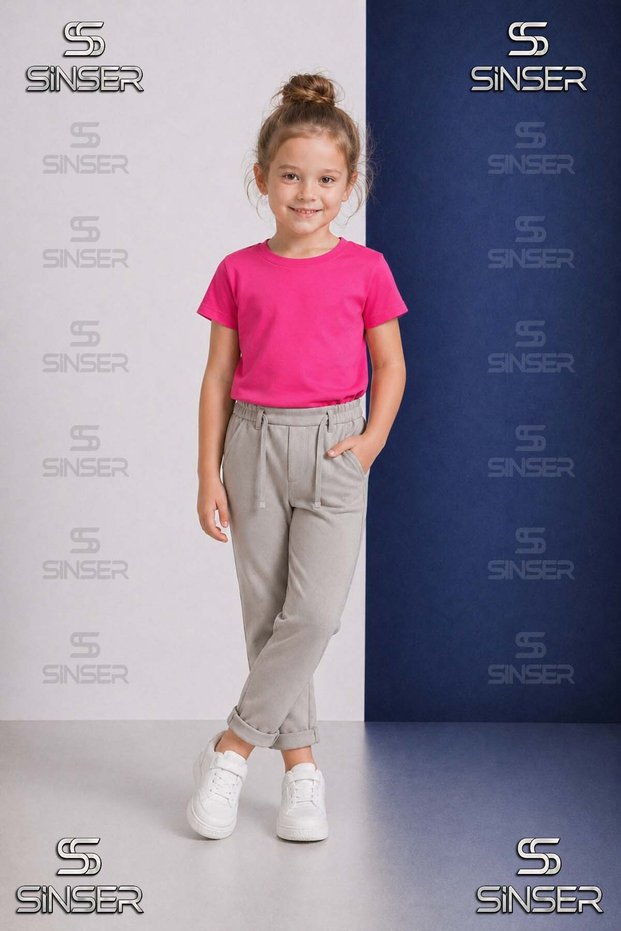 Girls' Plain Trousers with Elastic Waist, Lycra, Folded Cuffs Style 5.Mdl