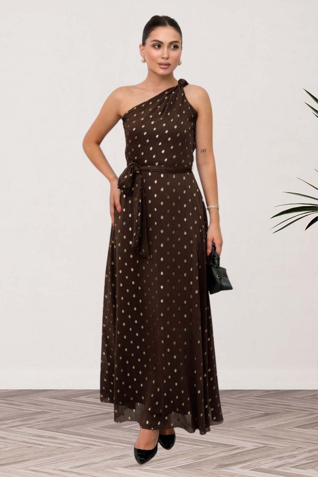 One Shoulder Detail Long Evening Dress - Gold Polka Dot Women's Evening Dress Women's Dress 042