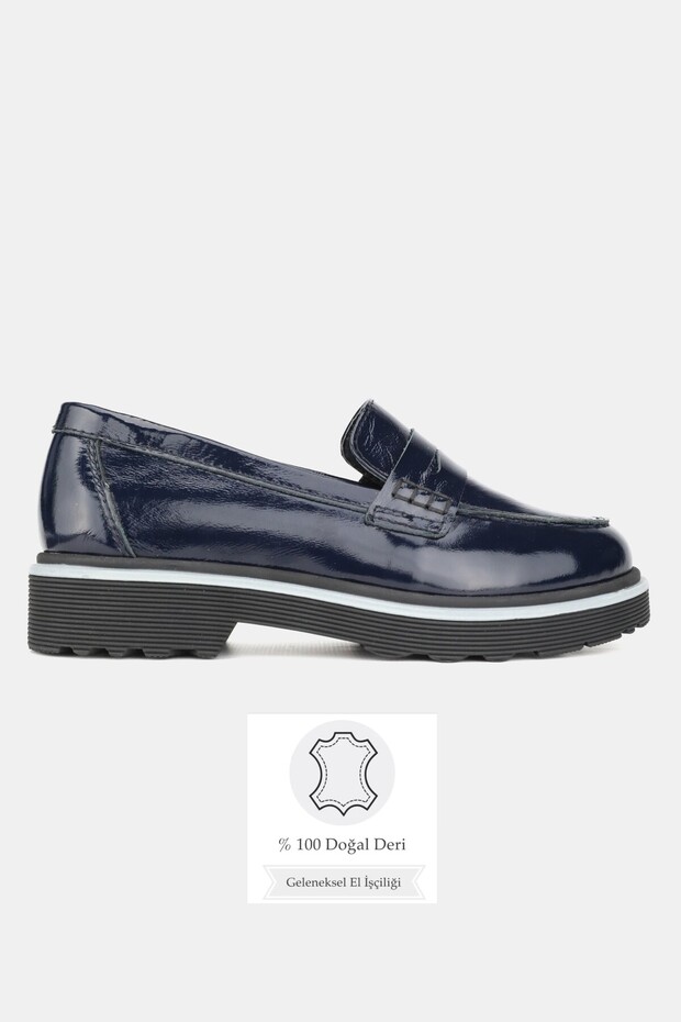 Women's Dark Blue Patent Leather Genuine Natural Leather Daily Loafer Shoes