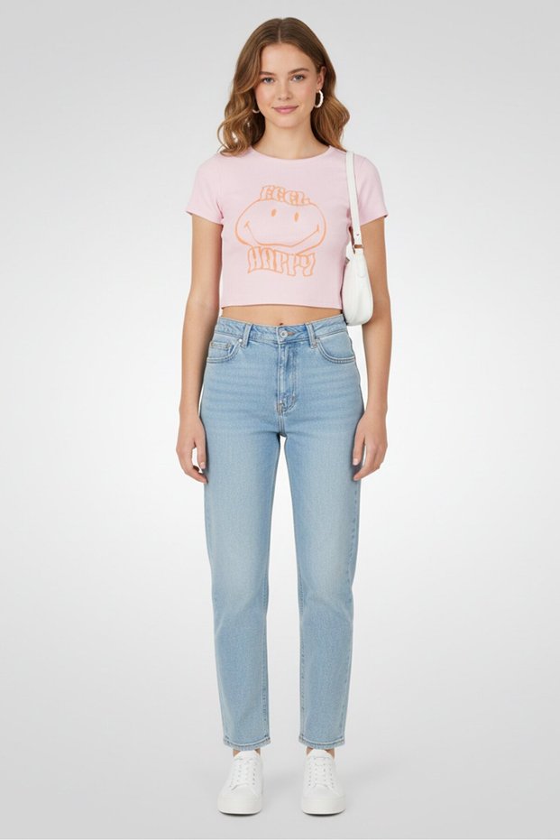 Smiley x DCMJ Women Crew Neck Short Sleeve Graphic Print Top, Pink