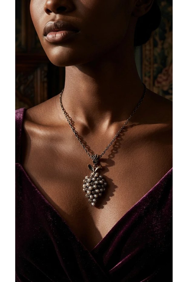 Bronze Vintage Long Chain Women's Necklace Authentic Jewelry Grape Bunch Model Medallion