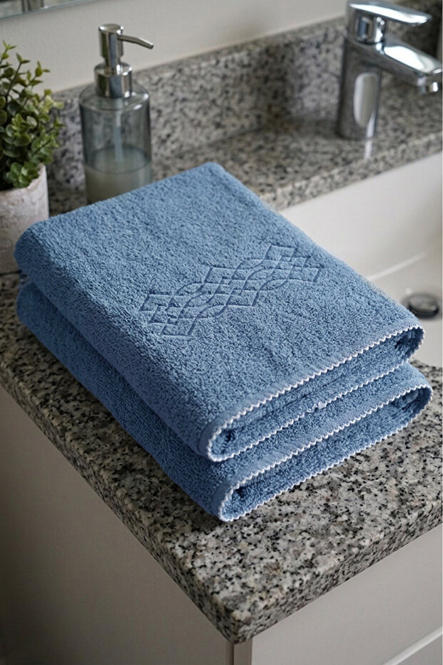 Set of 2 Microcotton 100% Cotton Embroidered Hand-Face Towels 50X100 Blue