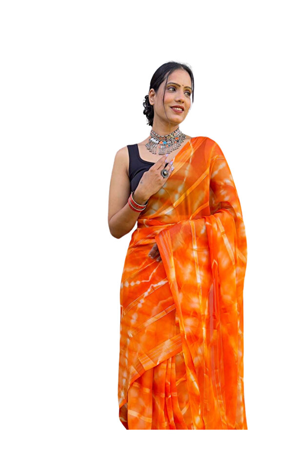 Orange Tie & Dye Zari Embellished Ready-to-Wear Saree - FFT5569 | Orange