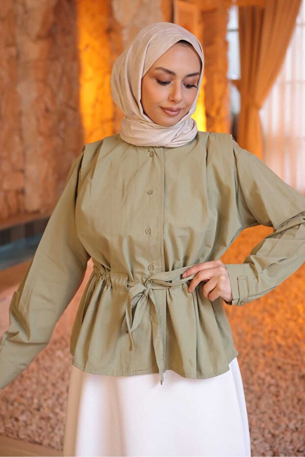 Khaki Drawstring Shoulder Pleated Detailed Shirt