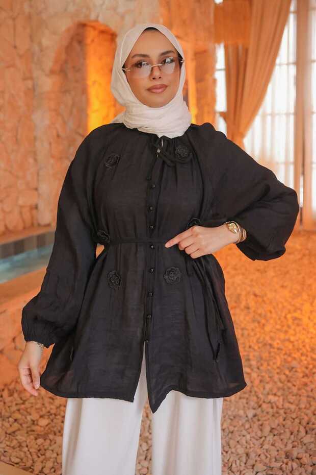 Black Collar Tie-Down Floral Motif Shirt