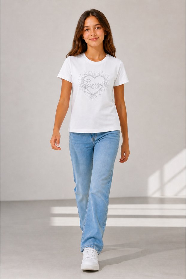 Pink 16005-26 Girl's Stone Embellished Heart Pattern Short Sleeve Basic T-Shirt