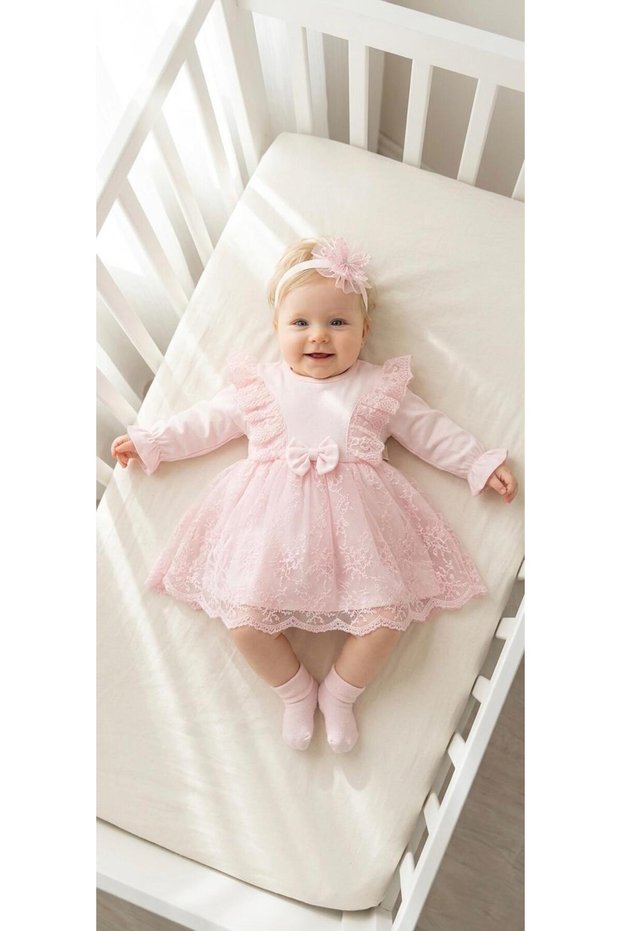 Baby Girl Mevlütlük Dress with Bandana and Lace Newborn Hospital Release Wedding Dress Evening Dress Mevlitlik 4028