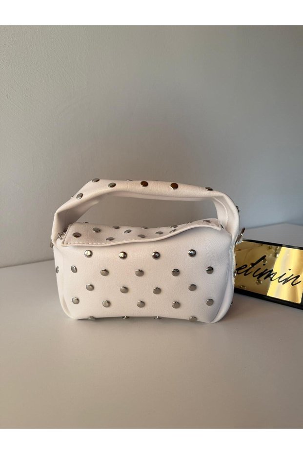 Women's White Studded Handbag Trok Detailed Baguette Shoulder Bag Soft Leather Look Stylish Bag