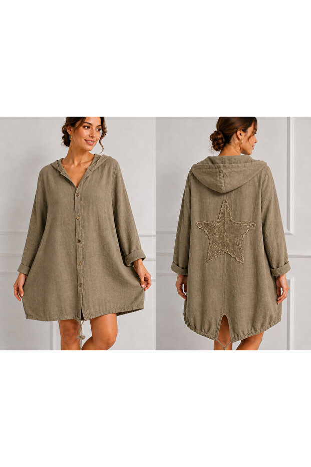 Linen jacket with star embroidery on the back, fits standard sizes 38/46.