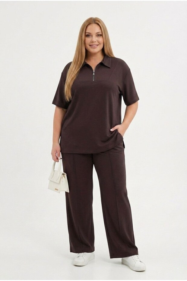 Women's Plus Size Short Sleeve Half Zip Polo Collar Tracksuit Set 8262-26