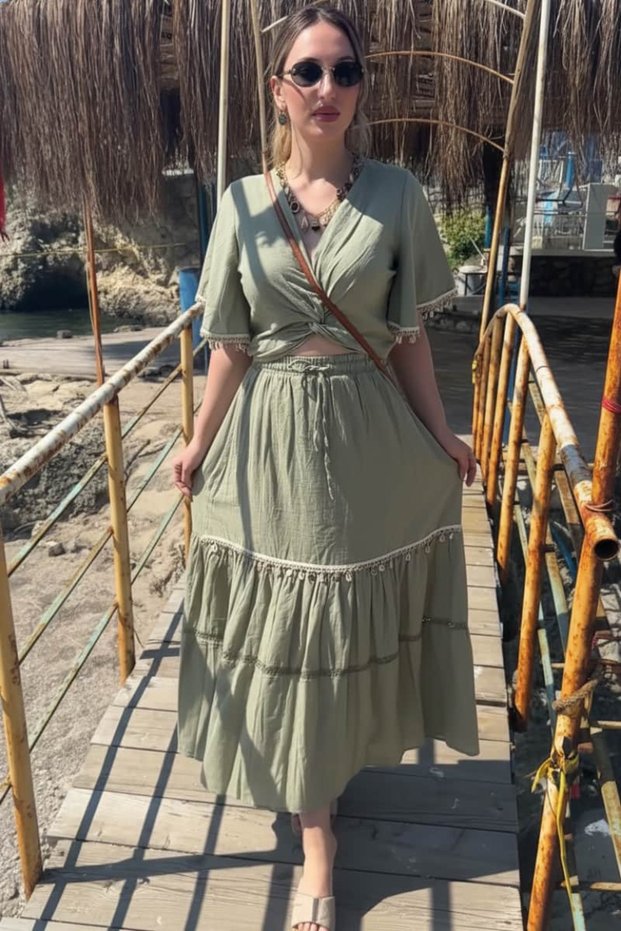 Linen Skirt and Blouse Set with Shell Accessories