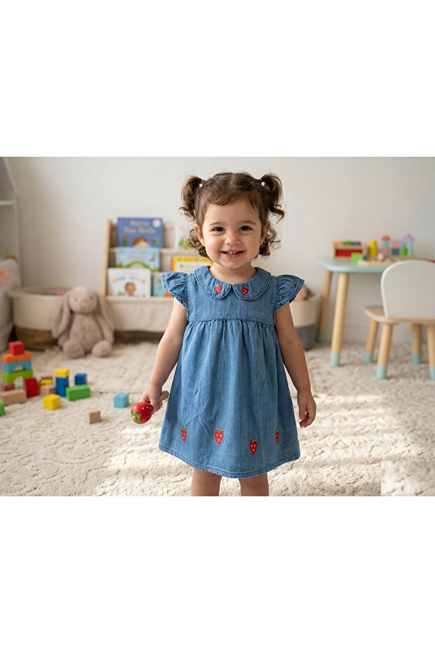 Girls' Trendy Denim Dress with Strawberry Embroidery Pattern