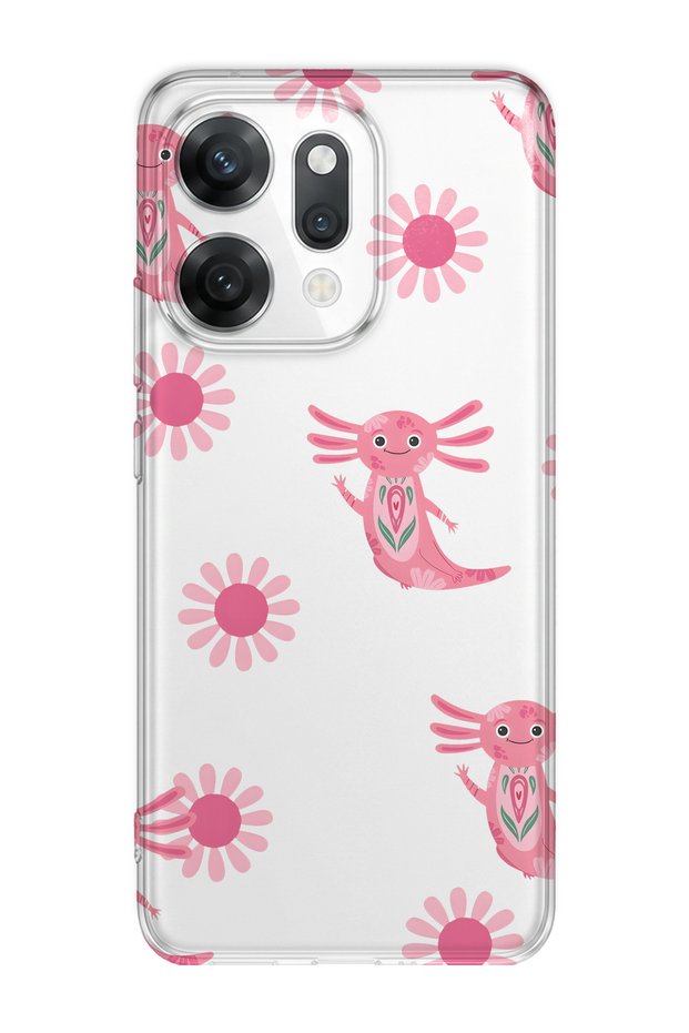 Oppo Reno 14 Compatible Pink Axolotl Patterned Transparent Phone Case