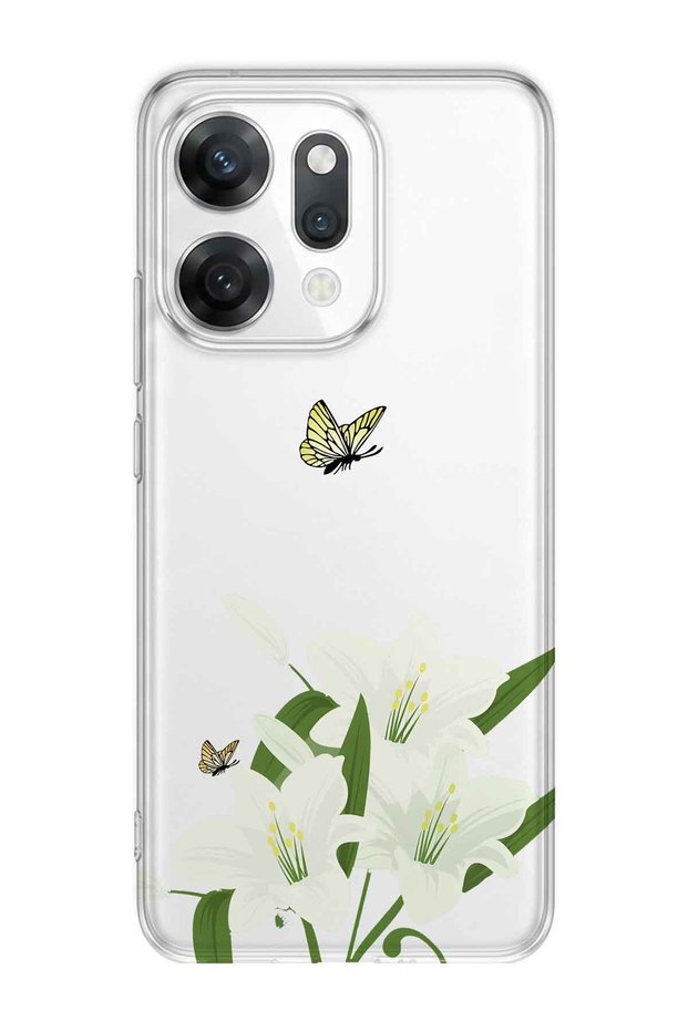 Oppo Reno 14 Compatible White Lily Pattern Transparent Phone Case