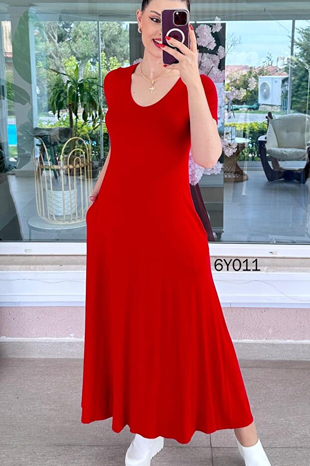 V-Neck Pocketed Viscose Combed Cotton Dress 6Y011