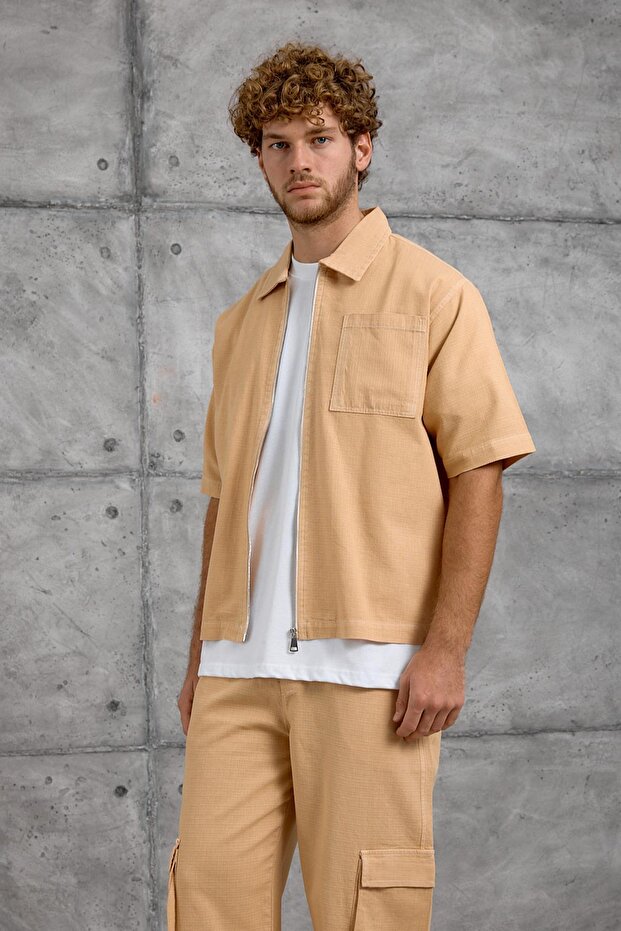 Men's Shirt Woven Fabric with Zipper Orange Oversize Zippered Tencel Fabric