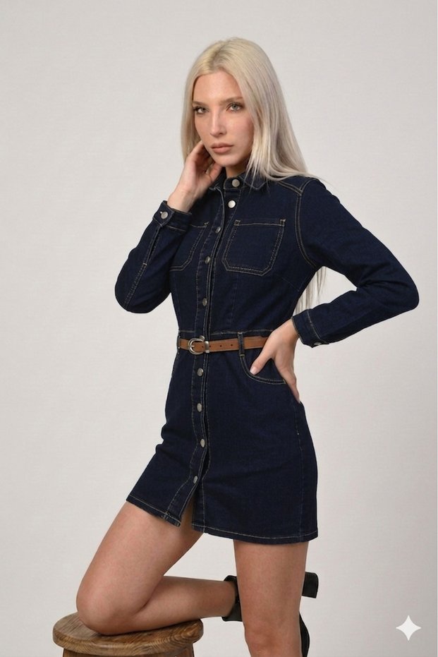 Women's Denim Dress Belted Long Sleeve Buttoned Mini Jean Dress