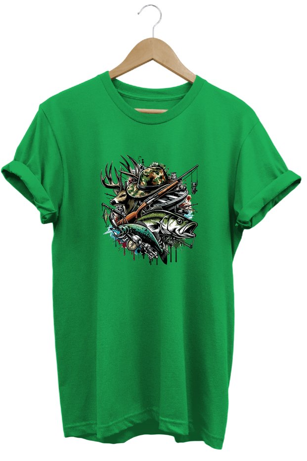 Unisex Deer and Fish Printed Land and Nature T-Shirt Outdoor Camping Wear
