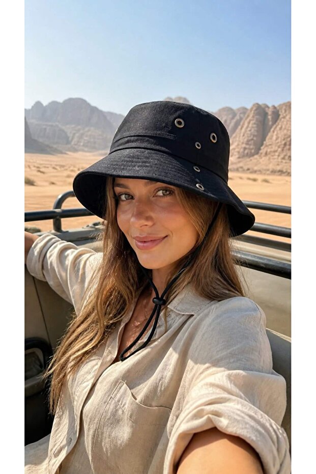 Black Linen Adjustable Drawstring Safari Bucket Women's Hat