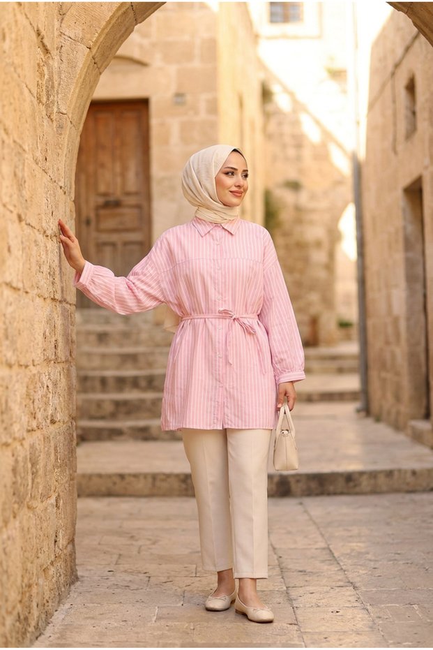 Women's Polo Collar Striped Oversize Tunic Shirt – Lace-Up Comfortable Fit Hijab Shirt