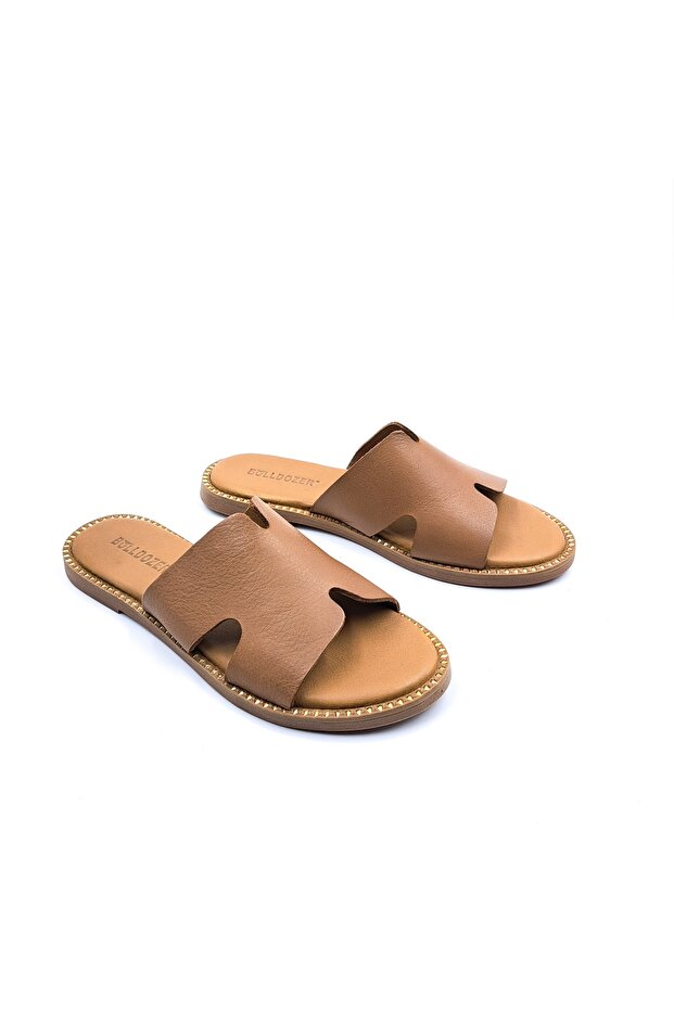 Genuine Leather Soft Sole Flat Heeled Tan Color Women's Slippers