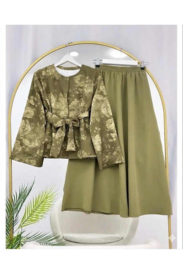Single Button Belted Skirt Suit Khaki