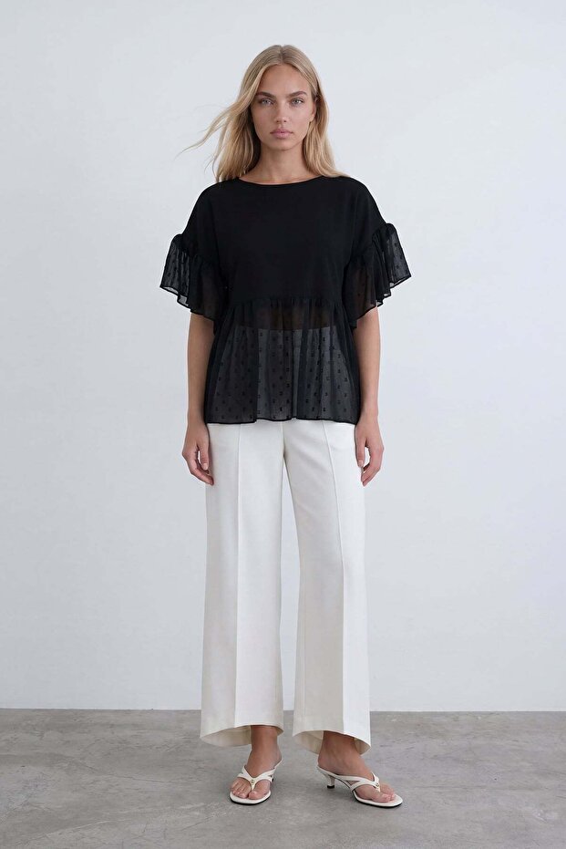 Black Skirt and Sleeve Chiffon Ruffled Knitted Blouse Alc-X15513