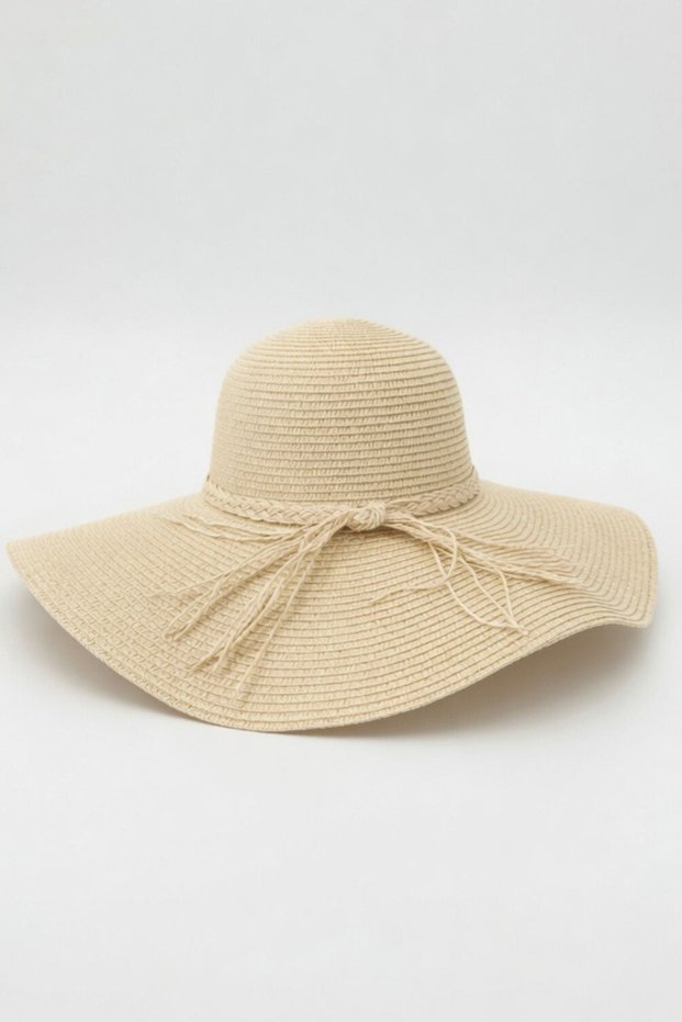 Luxury Women's Beige Knitted Straw Sun Hat with Lace Detail | Wide-Brimmed Summer Beach and Vacation Model