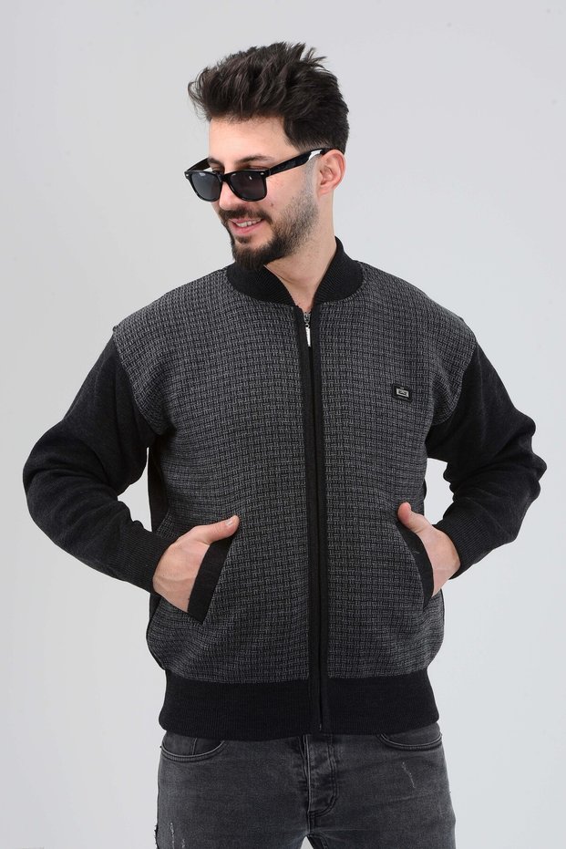 Anthracite Men's Dad and Middle-Aged Knitwear Steel Knitted Lined Acrylic Zipper Pocket Dad Cardigan