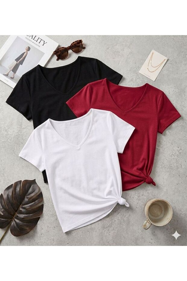 3 Pieces of Plain Regular Fit (V-Neck) Women's T-Shirts