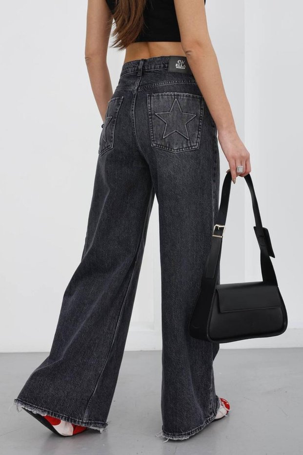 Trend Special Design Wide Leg Star Embossed Pocket Detail Jean Laser Detail Pants-Trending Special Design Wide Leg Star Embossed Pocket Detail Jean Laser Detail Pants