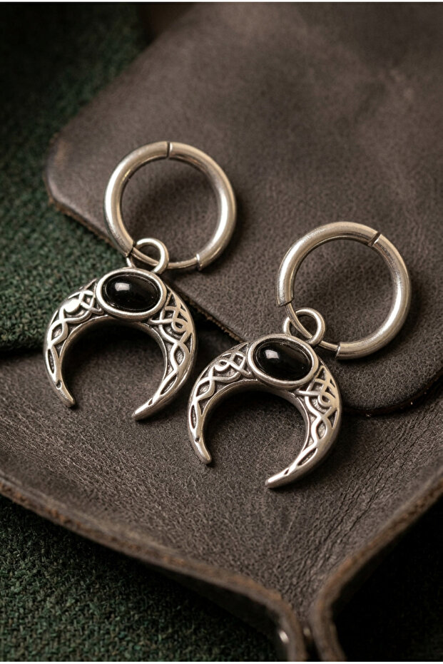 Men's Stainless Steel Crescent Moon Figured Celtic Carved Black Stone Dangle Earrings