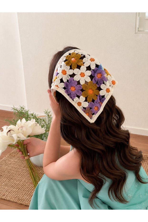 Knitted Triangle Bandana Daisy Hair Band Women Teen Girls Children Summer Wear Bohemian Vintage Korean Style Moon Flower