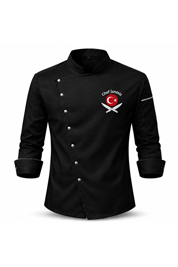 Chef Jacket - Chef Uniform, Chef Shirt Chef Jersey Asymmetrical Design Turkish Flag Embroidery Gift