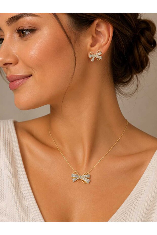 Bow Tie Gold Plated Crystal Stone Necklace Earring Set Gift Set Gift for Lover Gift for Mother