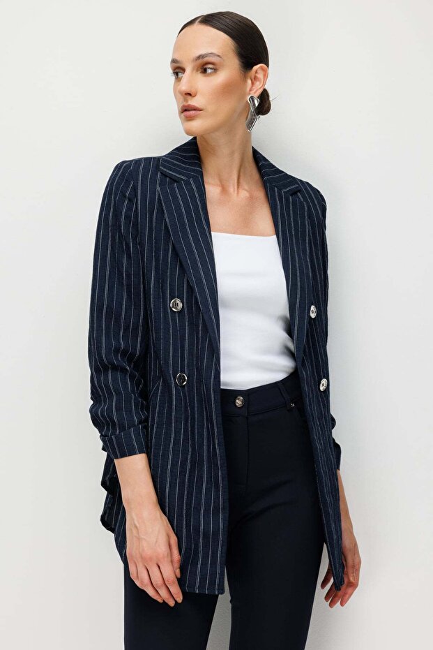 Drawstring Sleeve Striped Patterned Jacket - 2