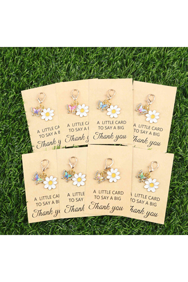 8pcs 8Cute enamel butterfly with white daisy keychain set,The feature is that it has“Thank You”Engra