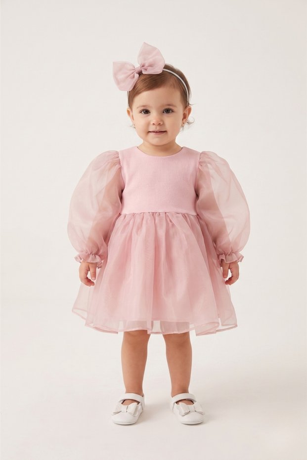 Powder Long Sleeve Organza Baby Girl Party Dress - Sage
