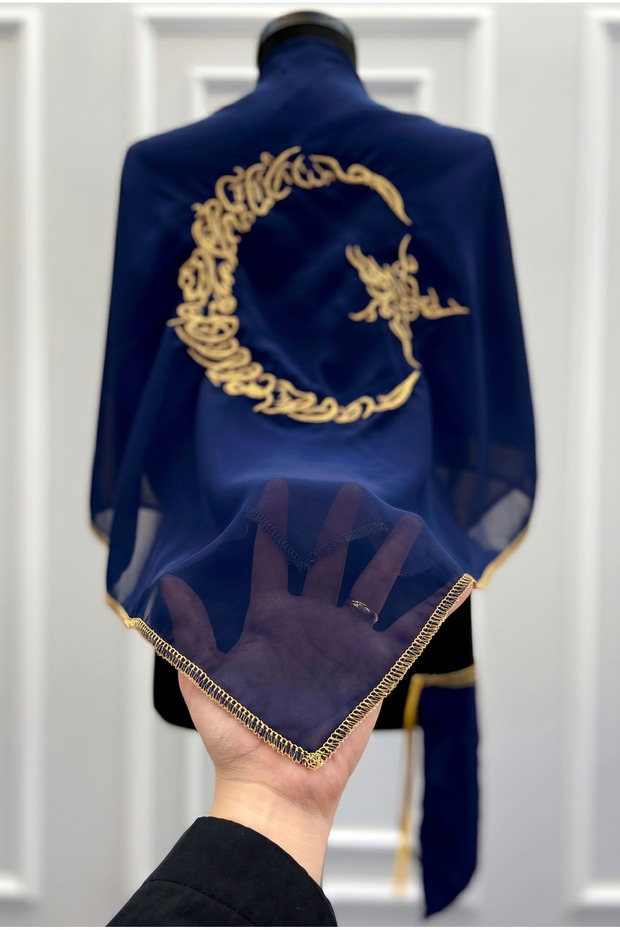 Square Navy Blue Chiffon Groom Shoulder Cover, Gold Star and Moon Embroidered Shimmer Edge Groomsmen Henna Soldier Shawl Veil