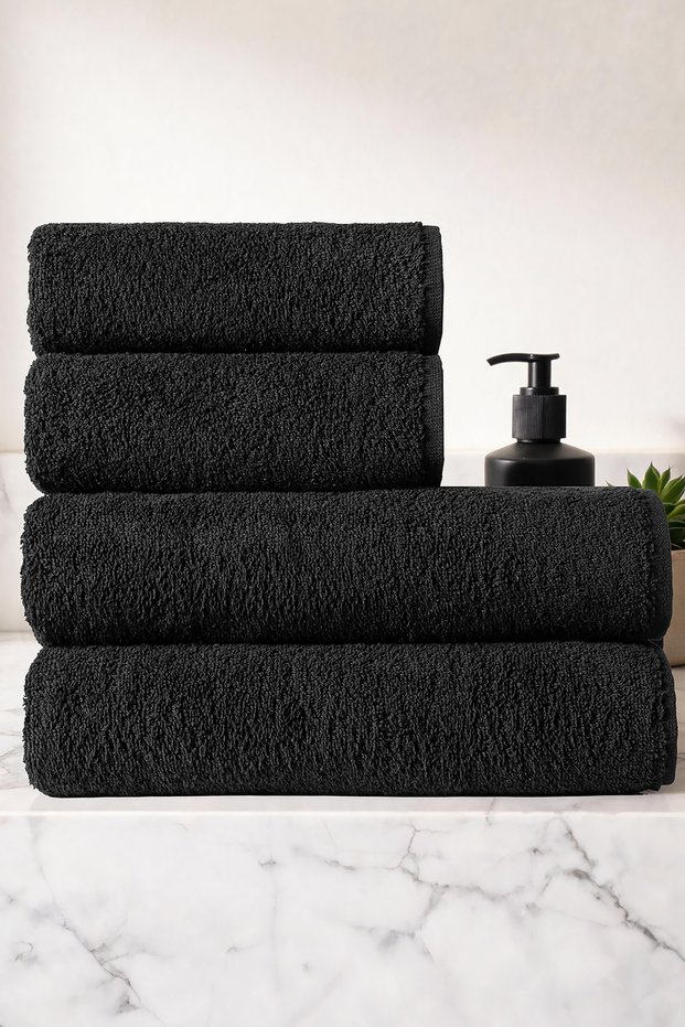 Set of 4 Black Towels 100% Cotton | 2 Pieces 70X140 + 2 Pieces 50X90 | Hairdresser, Hotel & Spa Towel | Suitable for Professional Use