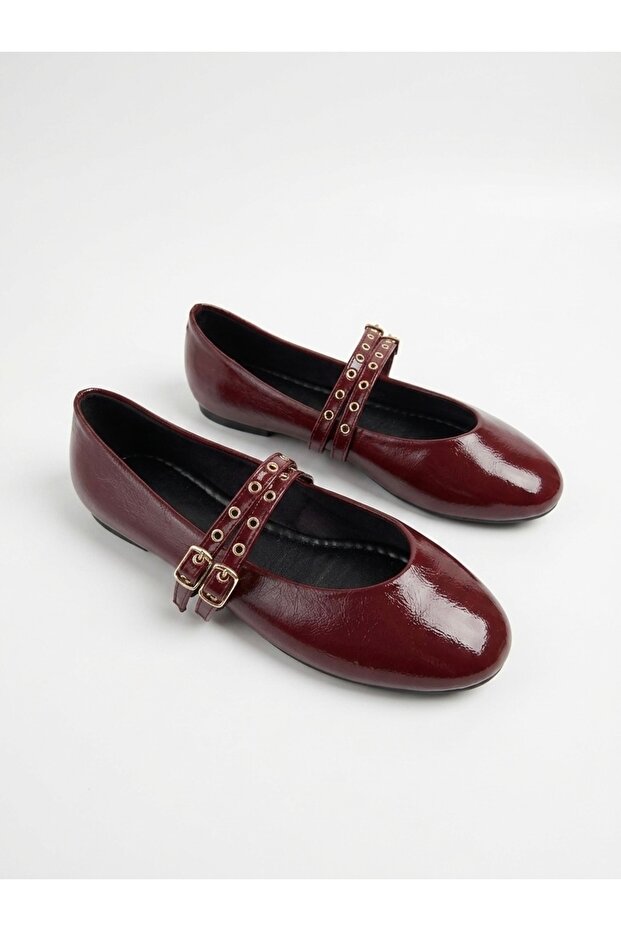 Women's Burgundy Double-Strapped Studded Round-Toe Ballerinas