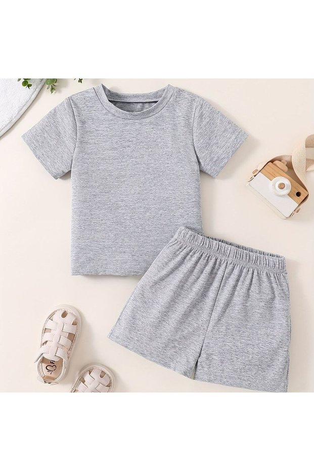Summer Unprinted Plain Gray Girls' and Boys' Shorts, T-Shirt Set