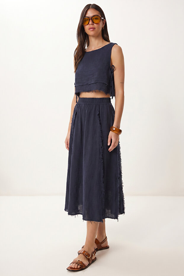 Muslin Blouse Skirt Set Lax0012 Dark Blue