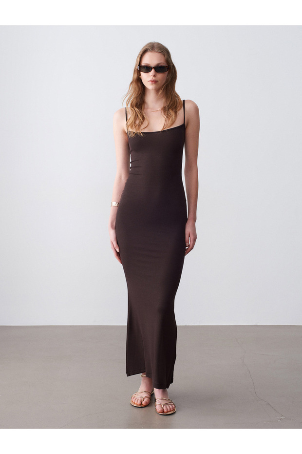91671 Modal Blend Strappy Long Dress-Dark Brown