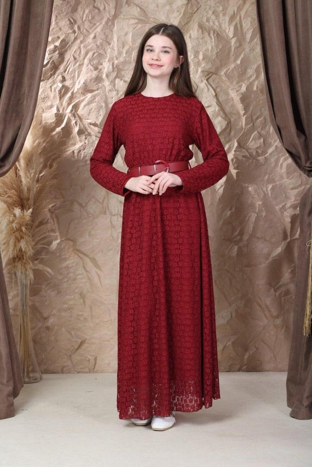 Girls' Burgundy Tulle Dress with Belt Detail
