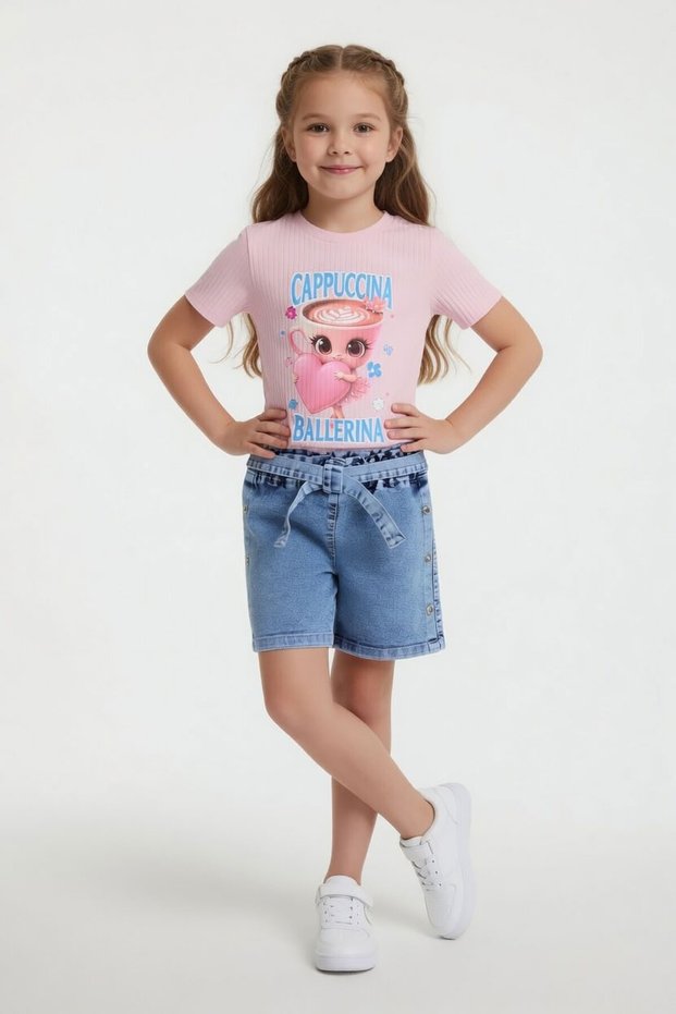 Powder Ballerina Printed T-Shirt and Buttoned Jean Shorts Girls' 2-Piece Set 24170