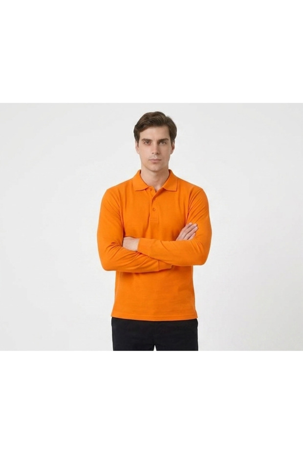 Orange Unisex Polo Collar Long Sleeve T-Shirt Basic, Work, School Wear